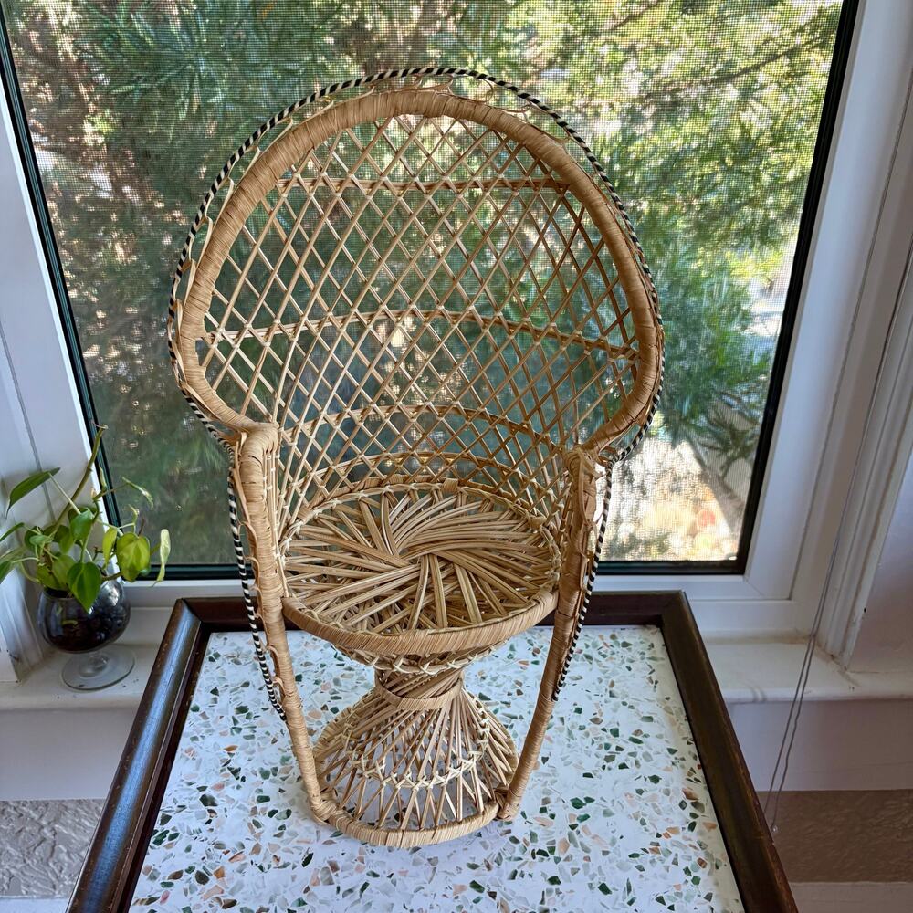 Vintage Mini Peacock Chair Rattan Plant Stand Boho Wicker Decor
